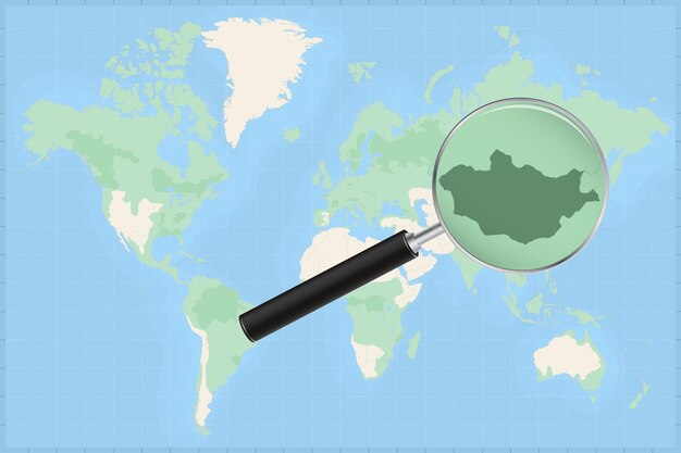 Vector mapa del mundo con una lupa en un mapa de mongolia.