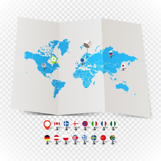 Mapa del mundo en mapa antiguo y banderas de diferentes países y símbolos sobre fondo transparente