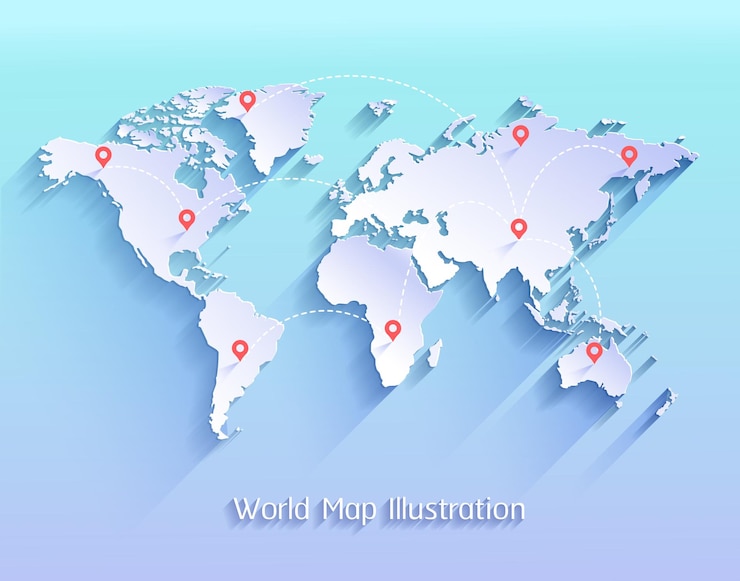 Vector mapa del mundo con marcas en todos los continentes.
