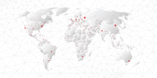 Mapa del mundo moderno con líneas de conexión y capitales en fondo blanco
