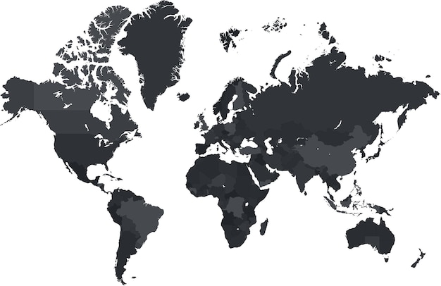 Mapa del mundo muy detallado en escala de gris oscuro