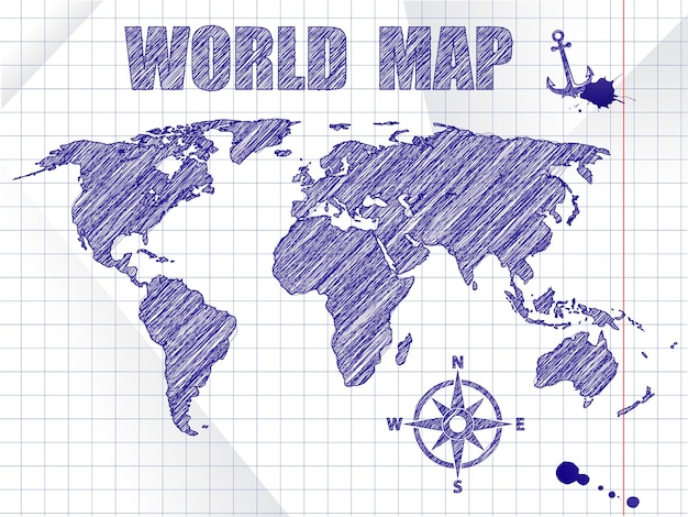 Mapa del mundo de navegación bosquejado en tinta azul sobre fondo de hoja de cuaderno escolar.