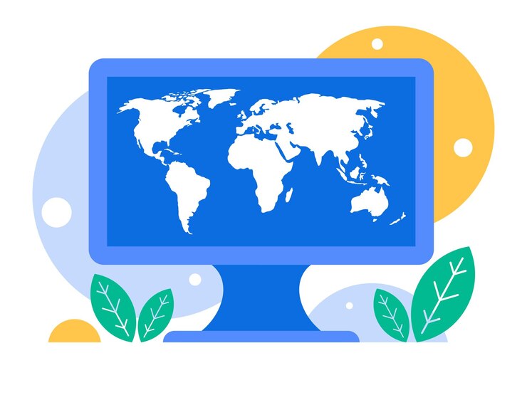 Vector mapa del mundo en la pantalla de la computadora fondo con monitor gráficos vectoriales