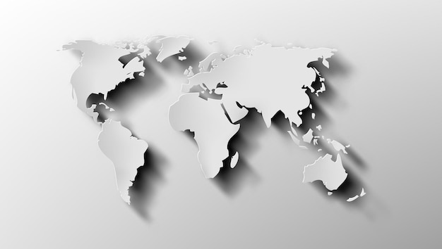 Mapa del mundo en papel blanco 3D con sombra