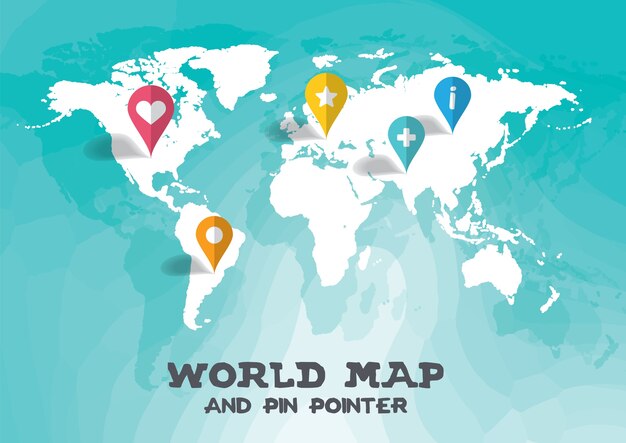 Mapa del mundo y pin puntero ilustración vectorial de fondo