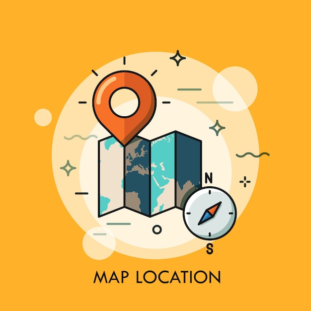 Mapa del mundo, pin de punto de destino y brújula. Concepto de búsqueda de ubicación y navegación GPS, servicio turístico y logotipo de aplicación móvil de viajes.