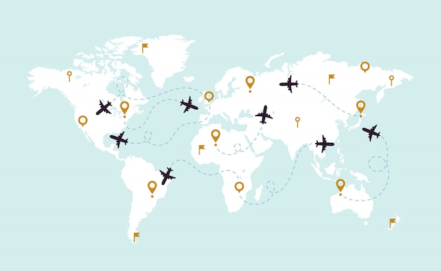 Mapa del mundo pistas de avión. ruta de seguimiento de aviación en el mapa mundial, línea de ruta de avión e ilustración de rutas de viaje