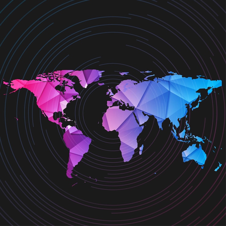 Vector mapa del mundo poli bajo con líneas redondas delgadas fondo técnico