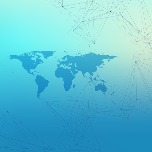 Mapa del mundo político con concepto de red de tecnología global visualización de datos digitales compuestos de partículas cibernéticas científicas comunicación de fondo de big data ilustración vectorial