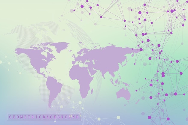 Mapa del mundo político con el concepto de redes de tecnología global. Visualización de datos digitales. Líneas del plexo. Comunicación de fondo de Big Data. Ilustración vectorial científica.