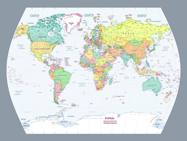 Vector mapa del mundo político en lengua polaca proyección de tiempos mundiales