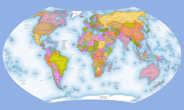 Vector mapa del mundo político en lengua polaca proyección wagner vii