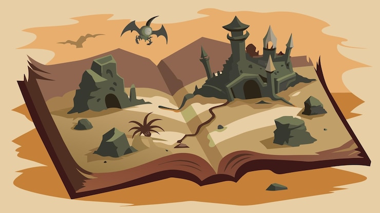 Vector un mapa de un mundo post-apocalíptico con ruinas en ruinas y criaturas extrañas dibujadas en las páginas de