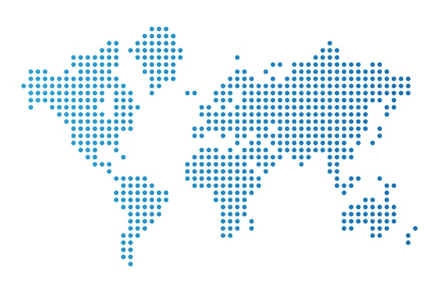 Vector mapa del mundo punteado silueta azul sobre fondo blanco.