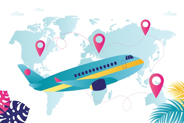 Mapa del mundo con puntos de destino en diferentes países El avión hace vuelos internacionales