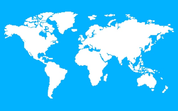 Mapa del mundo de puntos planos con siluetas de continentes Mapa global del mundo de fondo azul blanco