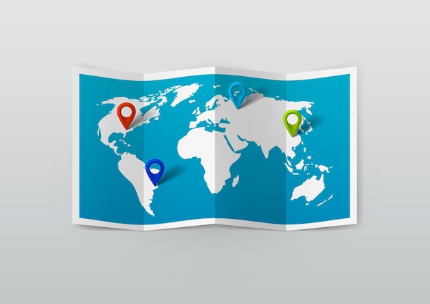 Mapa del mundo realista con alfileres de etiquetas