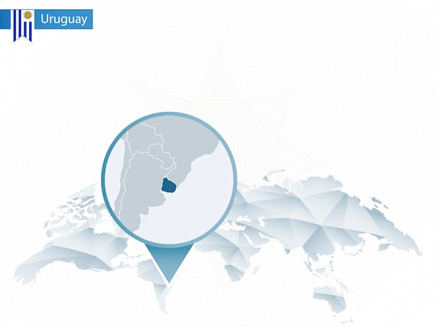Mapa del mundo redondeado abstracto con mapa de uruguay detallado anclado ilustración vectorial