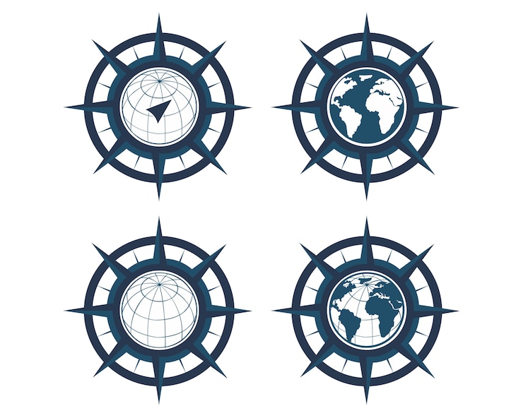 Vector mapa del mundo con rosa de los vientos, brújula de navegación.