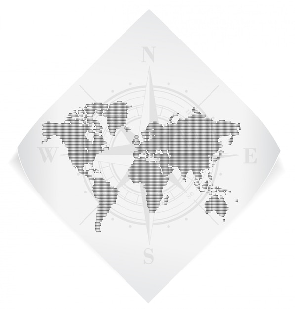 Vector mapa del mundo sobre la etiqueta engomada del papel blanco aislada en blanco