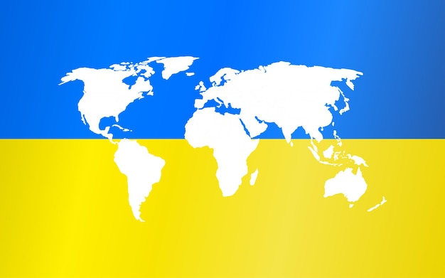 Mapa del mundo vectorial aislado en el fondo de la bandera ucraniana Concepto de lucha por la democracia y la libertad