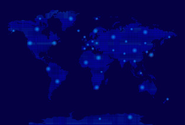 Vector mapa del mundo vectorial con píxeles de plantilla de fondo azul colorido de puntos brillantes