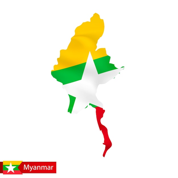 Mapa de myanmar con bandera ondeante del país