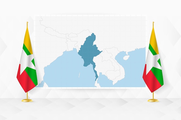 Mapa de Myanmar y banderas de Myanmar en el soporte de banderas