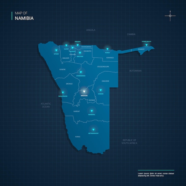 Mapa de Namibia con puntos de luz de neón azul