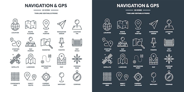 Mapa de navegación y geolocalización Posicionamiento GPS Cuadrícula de coordenadas Cuadrantes Puntos cardinales Buscador de ubicación Ruta de viaje y puntos de referencia Planificación Iconos web de línea delgada Conjunto Ilustración vectorial