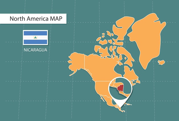 mapa de nicaragua en Estados Unidos íconos de la versión de zoom que muestran la ubicación y las banderas de nicaragua