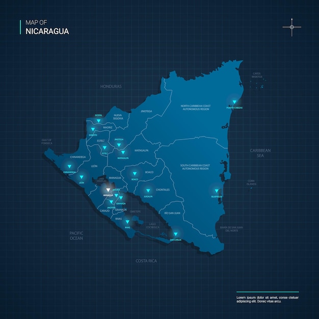 Vector mapa de nicaragua con puntos de luz de neón azul