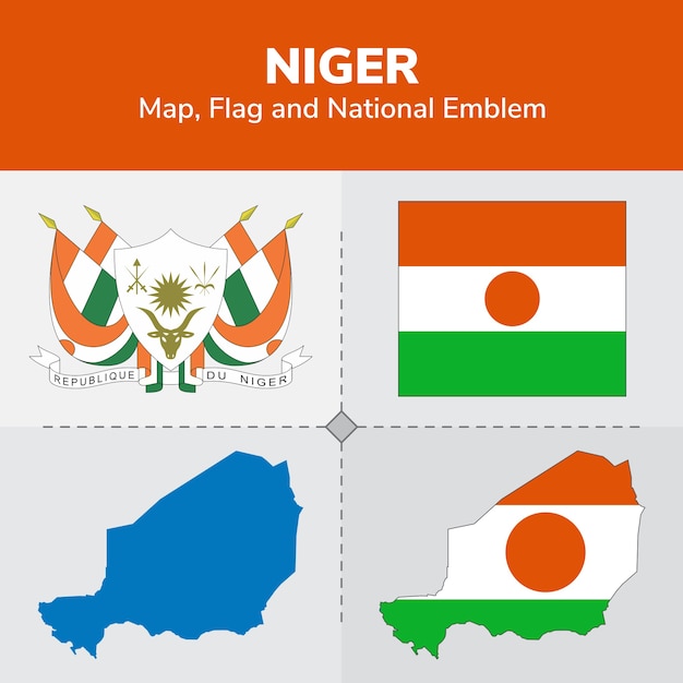 Mapa de níger, bandera y emblema nacional