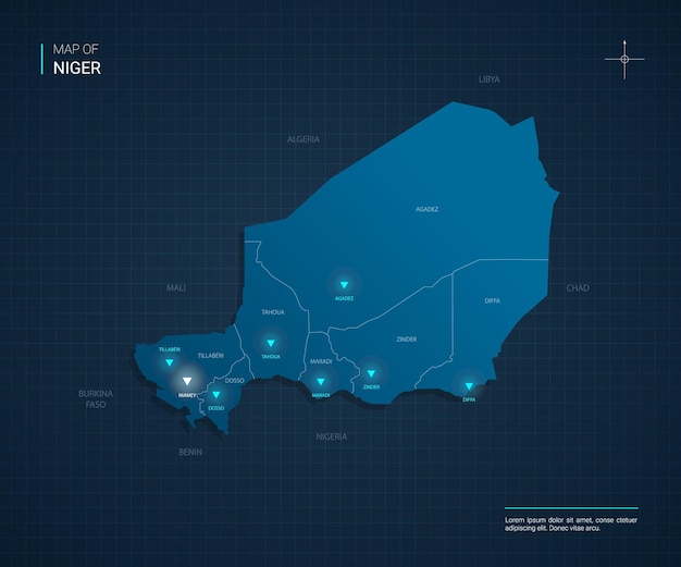 Mapa de Níger con puntos de luz de neón azul