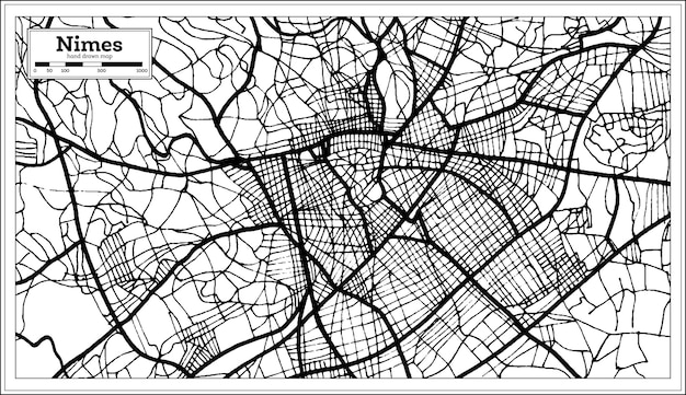 Mapa de Nimes Francia en color blanco y negro