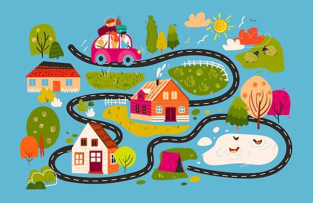 Mapa para niños que viajan en familia en un picnic en el camino por la ciudad con casas y césped para acampar