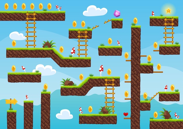 Mapa de nivel de juego arcade d videojuego para vieja computadora o consola computadora de dibujos animados o arcade móvil