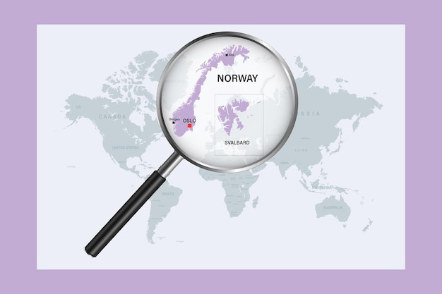 Mapa de noruega en el mapa político del mundo con lupa