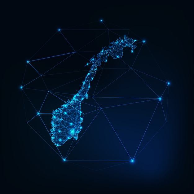 Mapa de Noruega silueta de silueta brillante hecha de formas poligonales bajas.