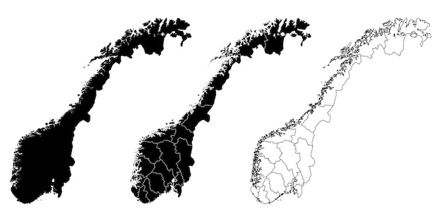 Mapa de Noruega en tres estilos, divisiones regionales en negro sólido y contorno