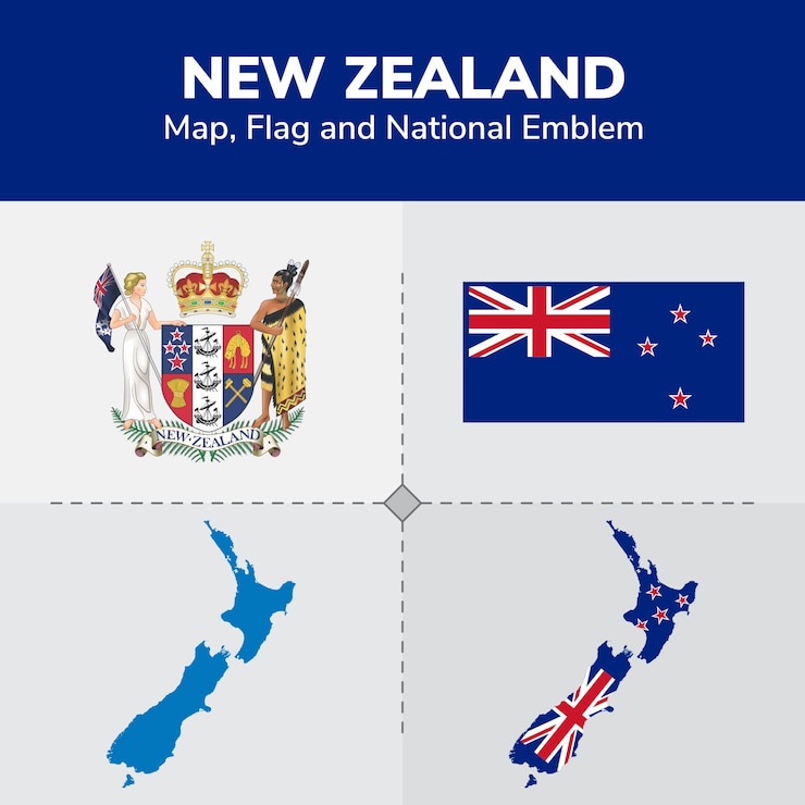 Vector mapa de nueva zelanda, bandera y emblema nacional