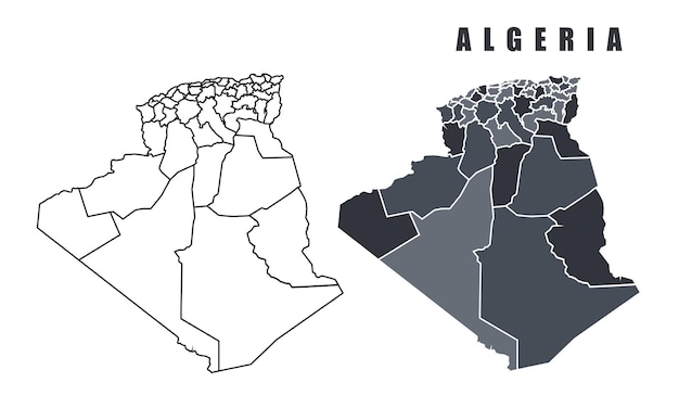 Mapa del país de Argelia conjunto de ilustraciones de contorno de vector plano simple