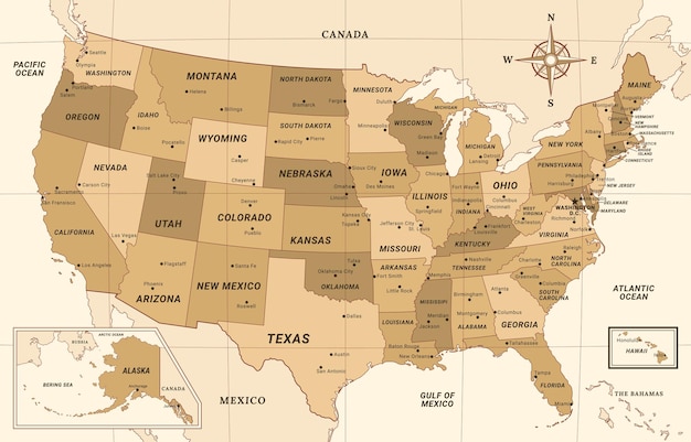 Vector mapa del país de los estados unidos de américa con la frontera circundante