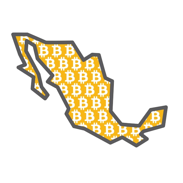 Mapa del país de México con el logo de la moneda criptográfica bitcoin