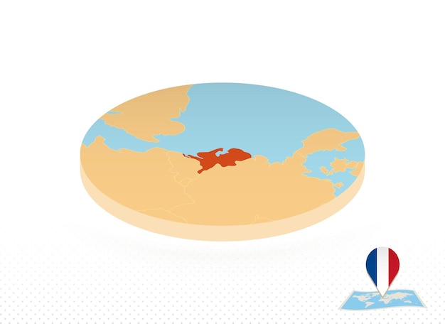 Mapa de los países bajos diseñado en un mapa de círculo naranja de estilo isométrico de los países bajos para infografía web y más