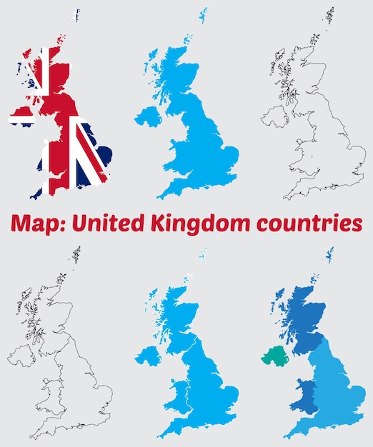 Mapa de los países del Reino Unido con banderas y contornos