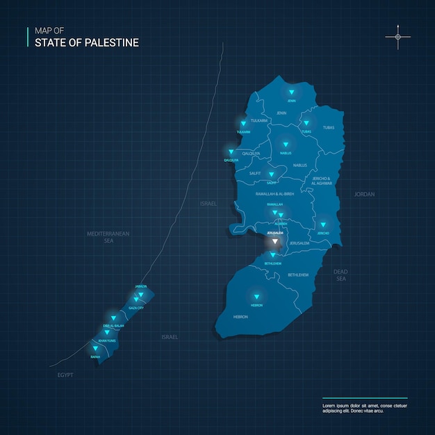 Mapa de Palestina con puntos de luz de neón azul