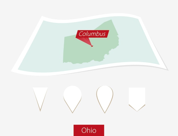 Vector mapa de papel curvo del estado de ohio con la capital columbus en fondo gris cuatro juegos de alfileres de mapa diferentes