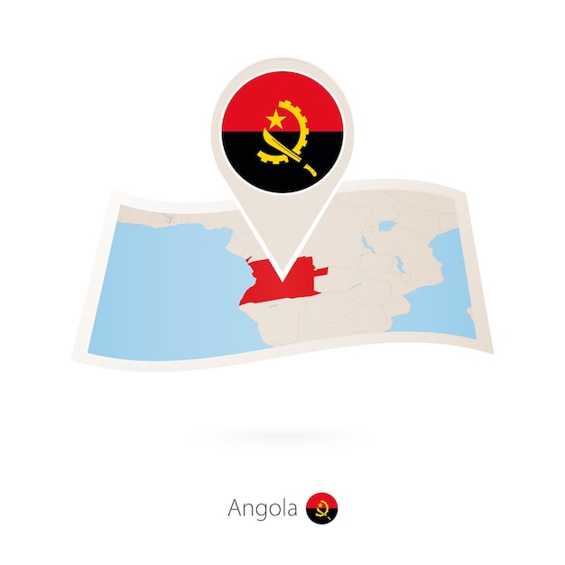 Mapa de papel doblado de Angola con pin de bandera de Angola