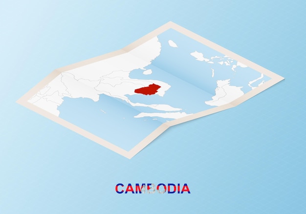 Mapa de papel doblado de camboya con los países vecinos en estilo isométrico.